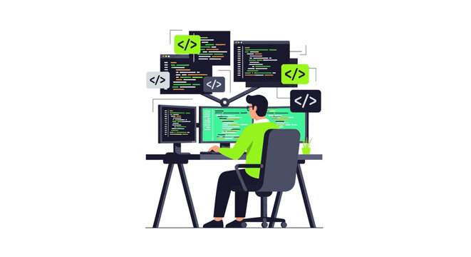Software Developer Coding at Multi-Monitor Workstation Vector Illustration