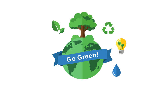Go Green! Earth with Tree, Recycling Symbol, Lightbulb, and Water Drop - Eco Concept