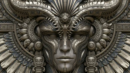 metallic fantasy portrait with mayan relief ornaments, surreal woman with symmetrical mayan design, metallic fantasy skull with alien mayan ornamentation © CROCOTHERY