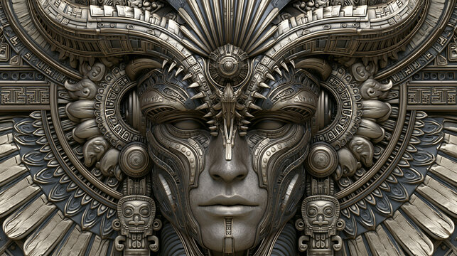 metallic fantasy portrait with mayan relief ornaments, surreal woman with symmetrical mayan design, metallic fantasy skull with alien mayan ornamentation