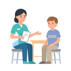Fototapeta premium A female healthcare professional in teal scrubs is sitting across from a young boy, holding a clipboard and pen while talking to him.