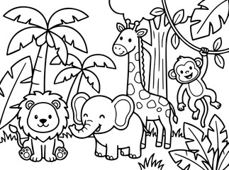Fototapeta premium Cute Lion, Elephant, Giraffe and Monkey in Jungle Coloring Page for Kids – Black and White Cartoon Line Art