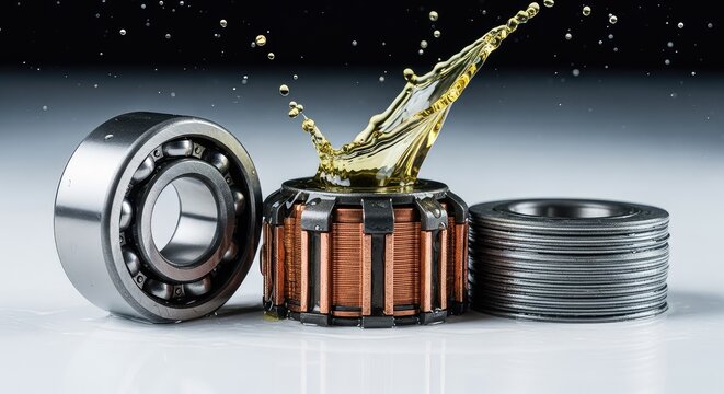 Macro shot of industrial engine components showing a steel ball bearing, copper commutator, metal laminations, and dynamic oil splash, fluid, gear, metal