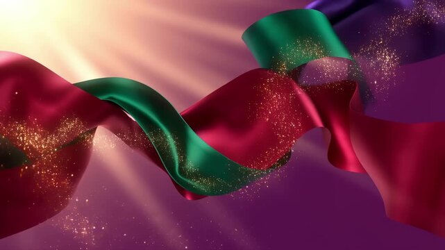 Vibrant juneteenth celebration banner featuring flowing red and green ribbons with sparkling gold accents symbolizing freedom culture and unity in a lively colorful design