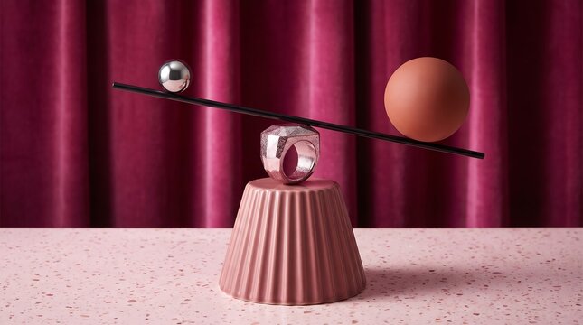 Balancing act with pink objects and spheres on a seesaw