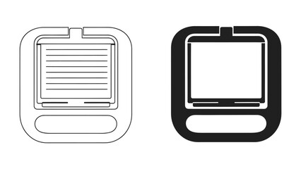 Digital Device Icons: A set of two graphic icons representing a digital device, one in outline and the other in solid black, showcasing a simple interface with text and a screen. © Abu