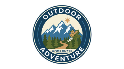 Fototapeta premium Outdoor adventure logo with mountains and trees.
