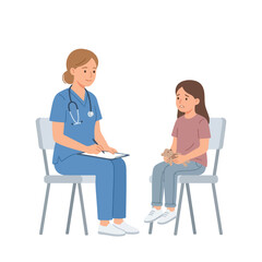 Obraz premium A female healthcare professional in blue scrubs sits across from an anxious young girl holding a teddy bear during a medical consultation.