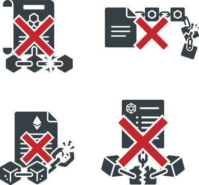 Blockchain document with broken chain link icon and red cross indicating failure or invalidity, decentralized ledger error, smart contract forbidden, cryptocurrency security issue.