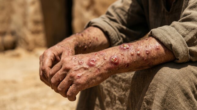 Sixth Plague of Egypt Macro Close-Up of Afflicted Hands and Arms Covered in Painful Boils and Open Sores on Desert Background