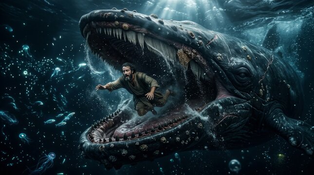 Jonah Being Swallowed by an Enormous Whale in Dark Stormy Ocean Waters with Bioluminescent Deep-Sea Creatures Visible Around