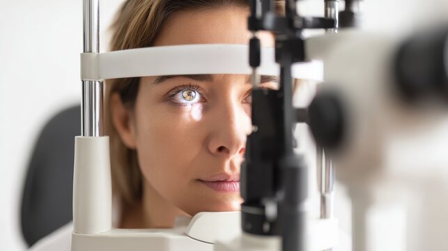 Close-up of a woman during an eye exam at a clinical setting in a healthcare facility