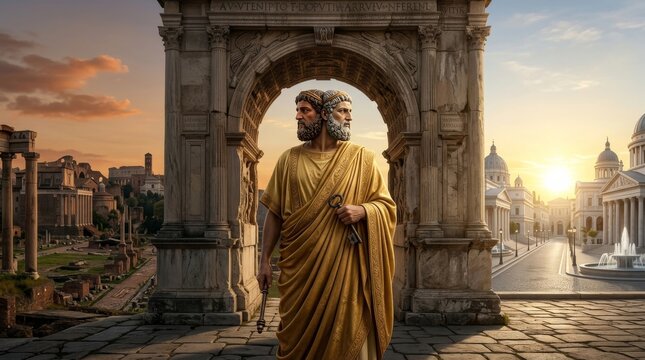 Janus Roman God of Beginnings and Doorways at an Ancient Monumental Arch Gazing Simultaneously Forward and Backward Through Time