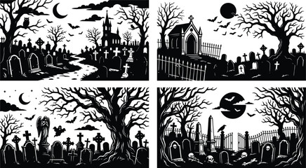 Fototapeta premium Helloween day graveyard scenes spooky gothic cemetery illustrations for halloween