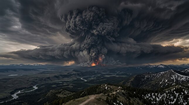 Supervolcano Eruption Apocalypse with Pyroclastic Column Reaching the Stratosphere and Blocking the Sun Over Vast Landscape