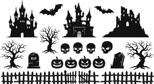 Helloween day vector set spooky castles skulls pumpkins halloween elements
