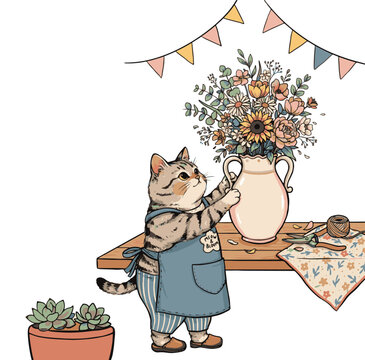 A cat in an apron arranges flowers in a vase on a table