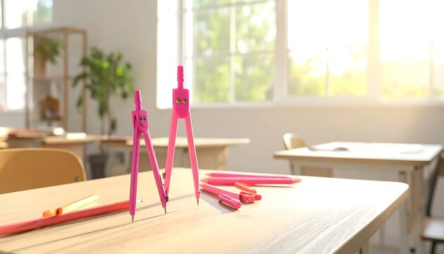Classroom desk with red geometry tools.