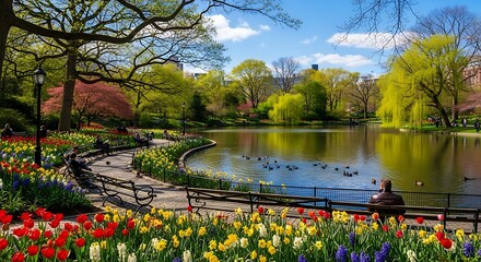 Obraz premium A serene park scene with a pond surrounded by vibrant tulips and lush trees under a blue sky