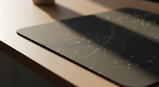Black mousepad on wooden desk surface.