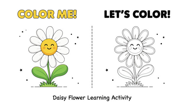 Another Smiling Daisy Flower Coloring Page for Kids with Color and Outline