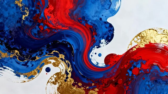 Abstract swirls of blue red and gold paint