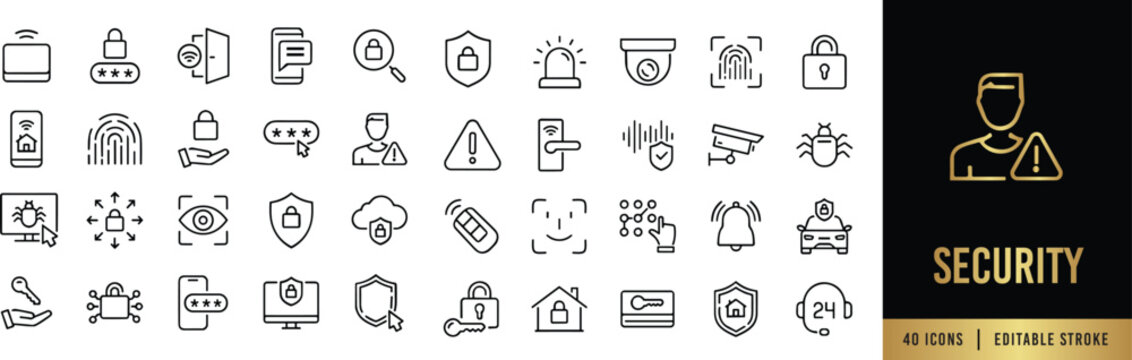 Security and Identity Protection Line Icon Set - 40 Editable Stroke Symbols for Privacy and User Safety