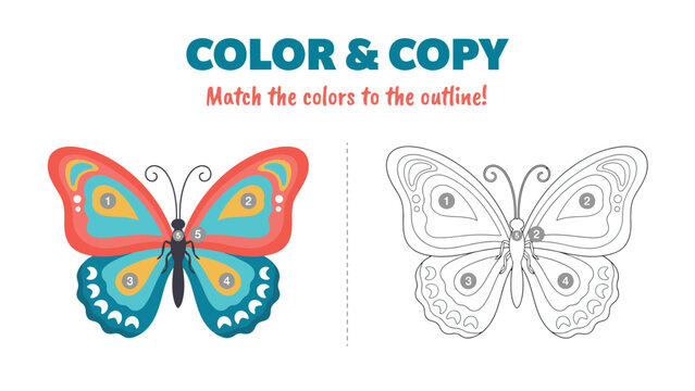 Color and copy worksheet for kids with butterfly and numbers
