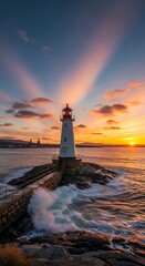 Fototapeta premium A serene lighthouse on a rocky pier at sunset with vibrant colors