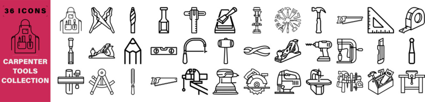 Carpenter tools collection, 36 icons of woodworking equipment in outline style, professional carpentry and joinery hardware vector set