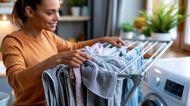 Woman hangs laundry indoors in a modern apartment, placing towels on a drying rack near the washing machine during a home routine photorealistic scene