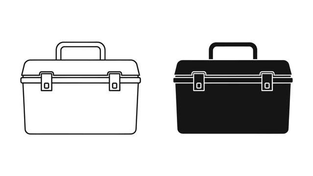 Toolbox Icon Set: A minimalist graphic resource showcasing two distinct toolbox icons, one rendered in a clean outline and the other in a solid black silhouette.