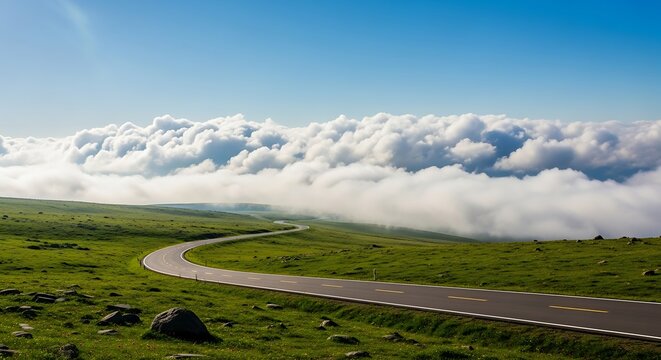 A serene landscape with a winding road through a lush green field under a blue sky with white fluffy clouds