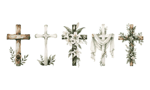 Wooden Cross And Lily Floral Watercolor Design.
