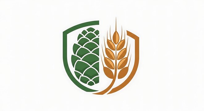 Green Hop Cone and Golden Wheat Emblem Centered on White Background