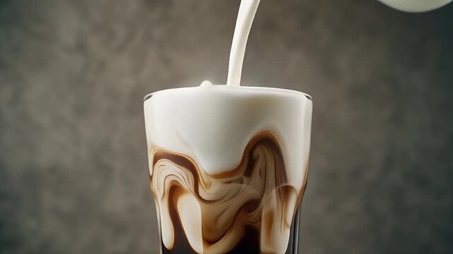 Pouring Fresh Milk into Chocolate Coffee