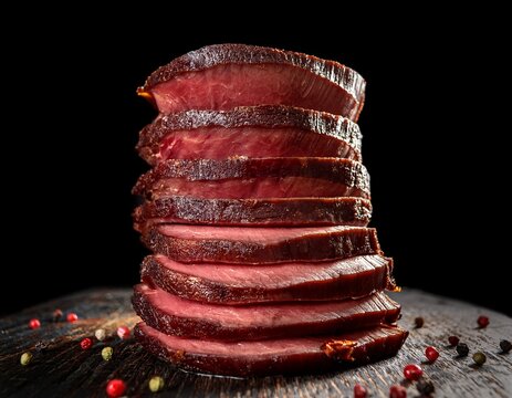 tall stack of thinly sliced roast beef perfectly seasoned and tender hearty meat presentation with rich savory detail and clean dark background realistic food photography no logos