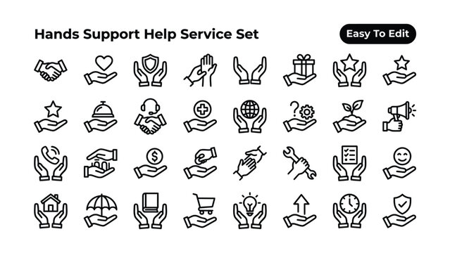 Hands support help service set icons for business and customer assistance  various symbols for aid and care .eps