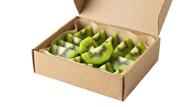 Freshly cut kiwi slices in eco friendly box on transparent background for culinary and food photography