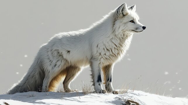 Arctic fox standing in snow, winter landscape