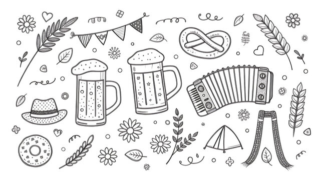 Oktoberfest doodle element collection in black and white line art style
