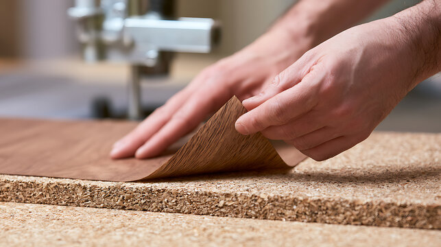 Hands delicately apply a wood veneer sheet onto a cork board base, showcasing craftsmanship and material application in a detailed, focused shot