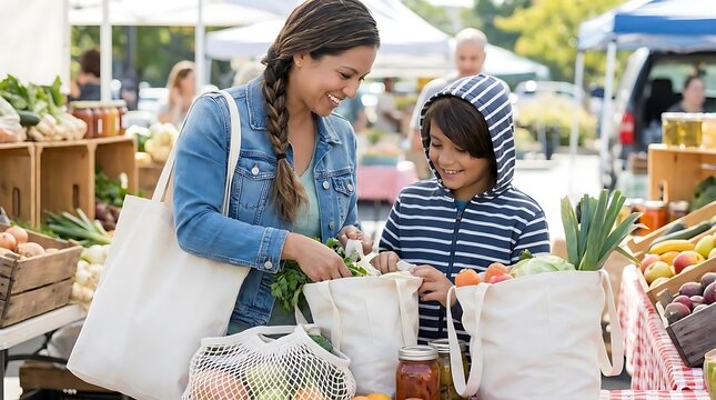 Mother and child select fresh produce at an outdoor market stall