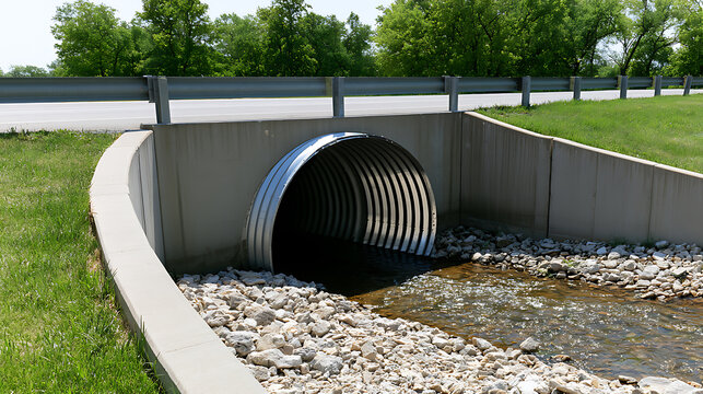 Corrugated metal culvert pipe under a road with concrete retaining walls and green grass on a bright, sunny day