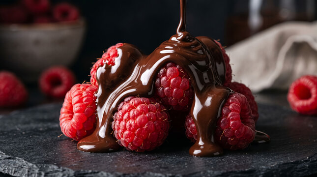 Hot liquid chocolate sauce pouring over a heap of fresh red raspberries on dark stone plate