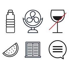 Fototapeta premium Set de pictogrammes minimalistes sur la prévention canicule : boire de l’eau, rester au frais, éviter l’alcool, manger léger, fermer les volets et communiquer.