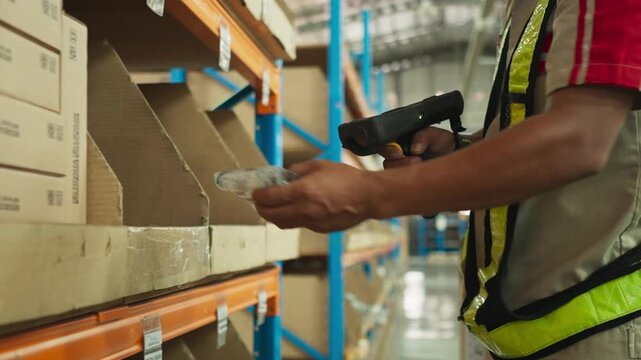 Warehouse Worker Scanning Barcode on Package with Handheld Scanner