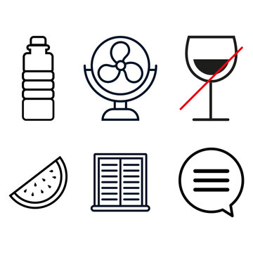 Set de pictogrammes minimalistes sur la pr&eacute;vention canicule : boire de l&rsquo;eau, rester au frais, &eacute;viter l&rsquo;alcool, manger l&eacute;ger, fermer les volets et communiquer.