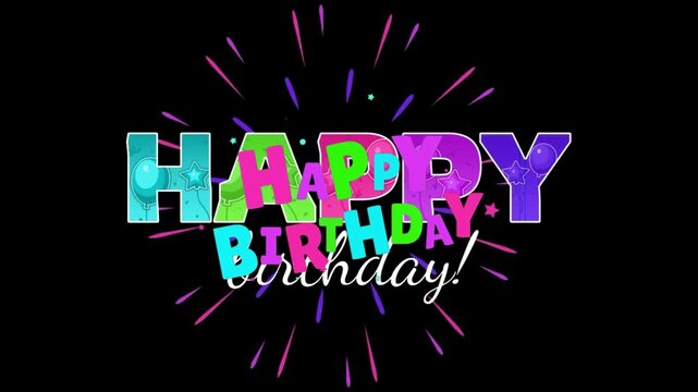 Animated happy birthday text with colorful fireworks and confetti on black background