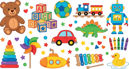 Fototapeta premium Cute colorful children toys vector collection set with teddy bear robot train and dinosaur icons for nursery kindergarten playroom design